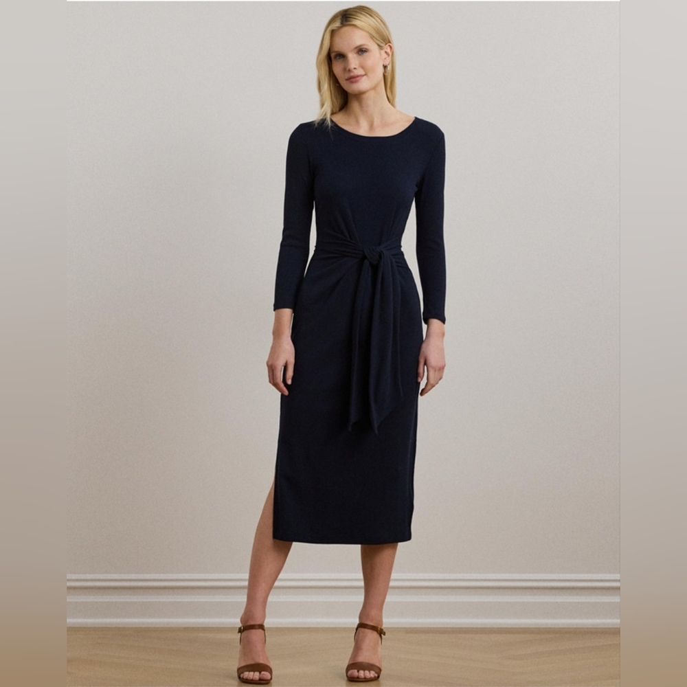 RALPH LAUREN WOMENS TIE FRONT COTTON BLEND CREWNECK DRESS SIZE SMALL NWT